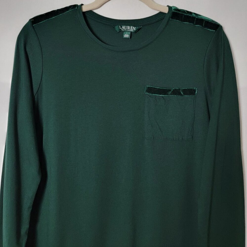 Lauren Ralph Lauren Womens Green Velvet Accents Long Sleeve Top Large - Picture 4 of 10